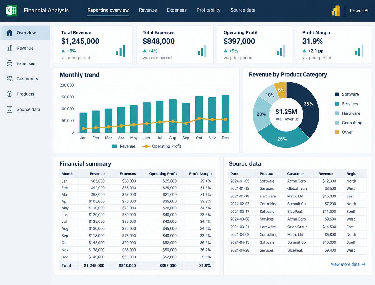 Illustrative Excel and Power BI financial reporting dashboard with spreadsheet tables, bar charts, a monthly trend and revenue breakdown